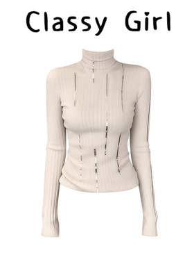 Classy girl 韩系条纹亮片半高领套头针织衫女秋冬修身打底衫上衣