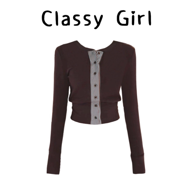 特别漂亮的掐腰上衣2025秋季新款条纹拼接收腰开衫圆领长袖T恤,女装/女士精品,T恤,淘宝优惠券,粉丝福利购,淘宝优惠卷