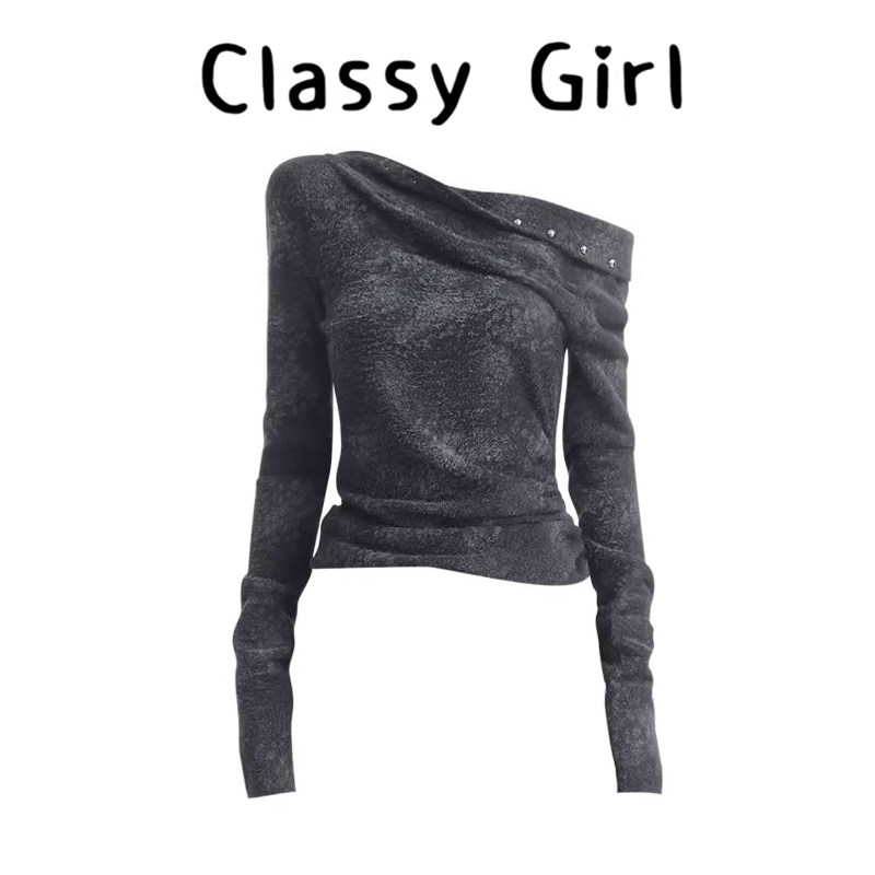 美式辣妹风黑色豹纹斜领长袖T恤女早春时尚显瘦百搭铆钉露肩上衣,女装/女士精品,大码内搭,淘宝优惠券,粉丝福利购,淘宝优惠卷