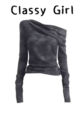 美式辣妹风黑色豹纹斜领长袖T恤女早春时尚显瘦百搭铆钉露肩上衣