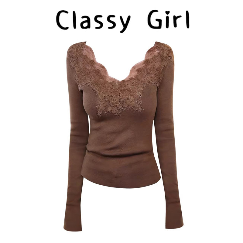 温柔气质蕾丝拼接深v领长袖T恤女秋冬内搭打底衫计感显瘦纯欲上衣,女装/女士精品,大码内搭,淘宝优惠券,粉丝福利购,淘宝优惠卷