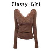 温柔气质蕾丝拼接深v领长袖 T恤女秋冬内搭打底衫 计感显瘦纯欲上衣