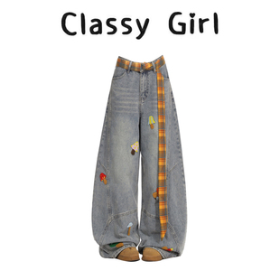 卡通高腰宽松阔腿裤 美式 弯刀版 型超好看 子 牛仔裤 裤 女2025新款