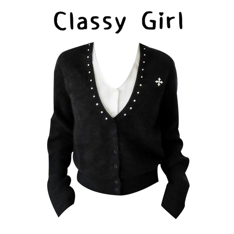 【夜影叠星】拼接假两件毛衣外套女冬季v领针织开衫钉珠长袖上衣,女装/女士精品,大码内搭,淘宝优惠券,粉丝福利购,淘宝优惠卷