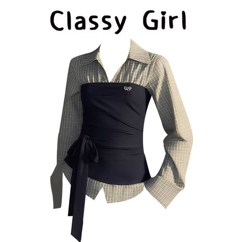 春季韩系显瘦假两件格纹衬衫上衣