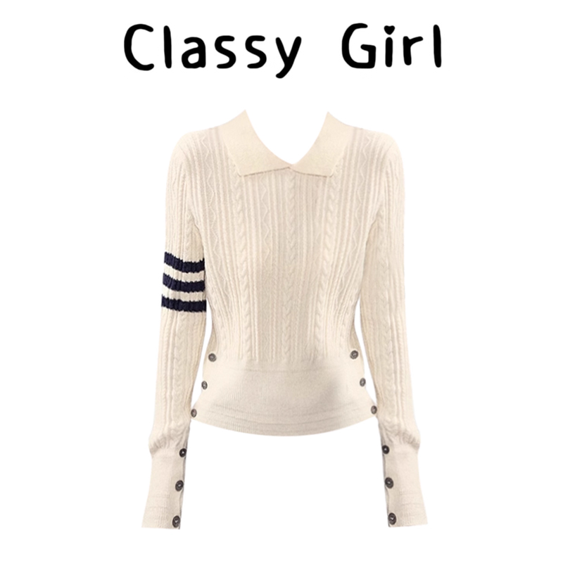 学院风polo领三条杠长袖针织衫女秋季设计感显瘦百搭套头麻花毛衣