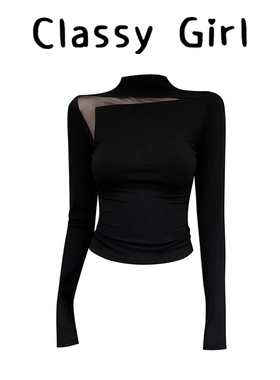 Classy girl 【现货】黑色半高领长袖打底衫女修身显瘦网纱上衣
