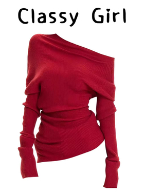 高级感红色一字肩长袖针织衫女秋冬季内搭毛衣打底衫性感露肩上衣
