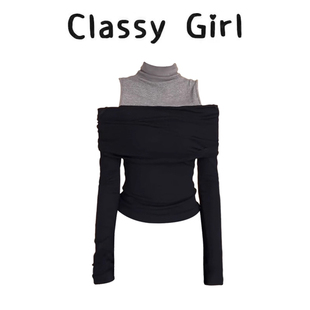 穿搭设计感别致绝美巨好看 秋季 小上衣 T恤女装 拼接撞色露肩长袖