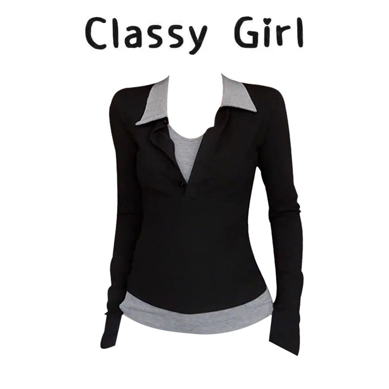 早秋气质设计感假两件T恤上衣