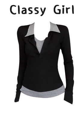 长袖女2025新款爆款上衣 撞色拼接假两件修身显瘦超好看T恤
