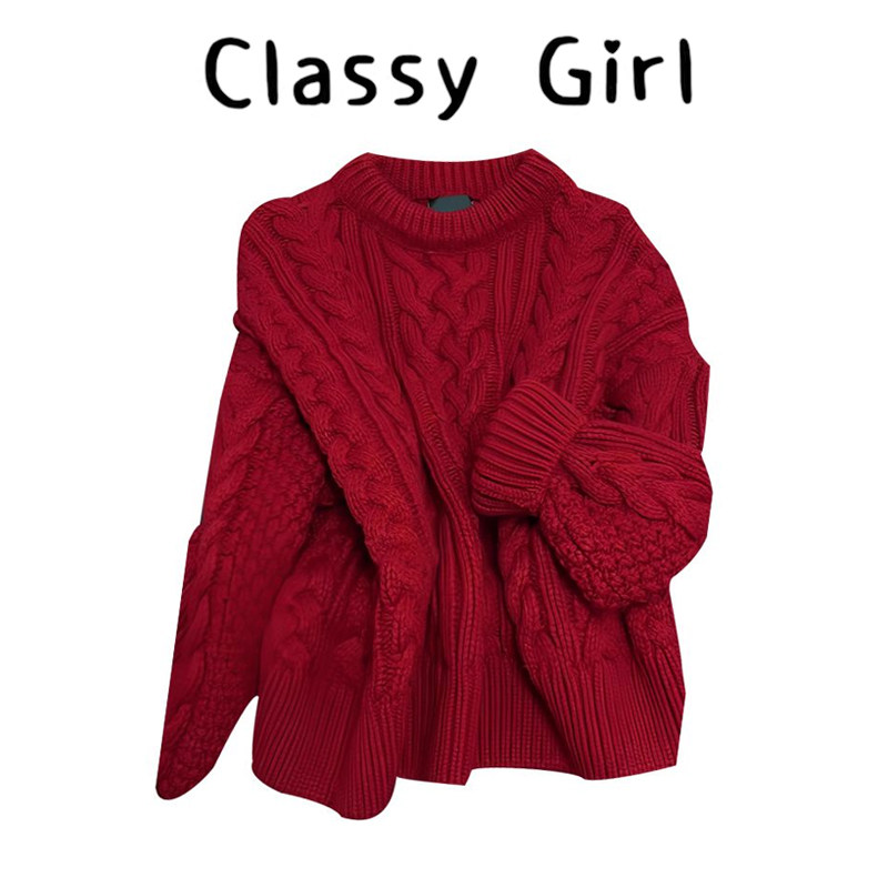 圣诞穿搭红色麻花毛衣女秋冬2025新款慵懒高级感宽松加厚针织上衣,女装/女士精品,大码内搭,淘宝优惠券,粉丝福利购,淘宝优惠卷