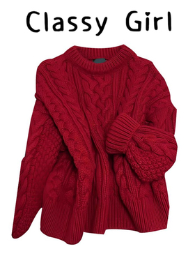 圣诞穿搭红色麻花毛衣女秋冬2025新款慵懒高级感宽松加厚针织上衣