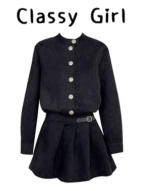 Classy girl 麂皮绒黑色连衣裙秋冬季穿搭千金感巨好看收腰短裙