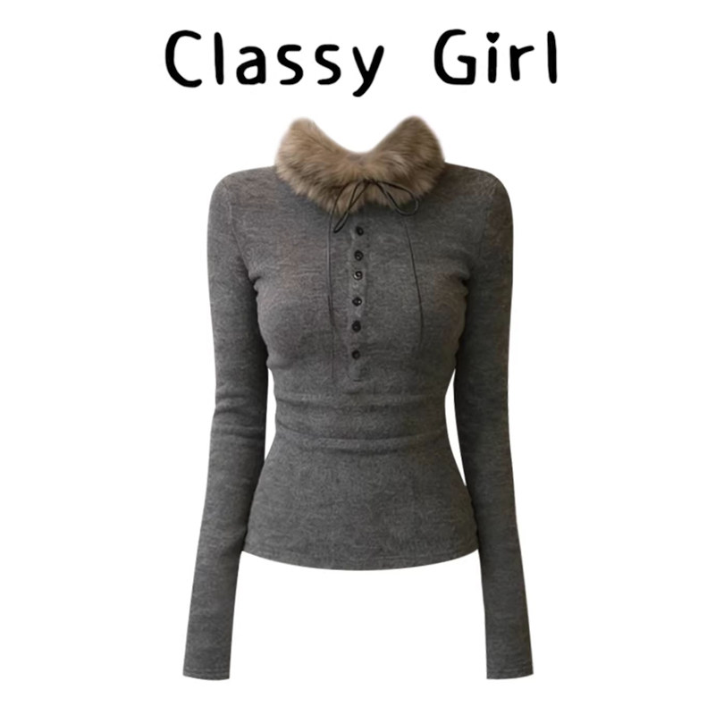 复古气质灰色毛毛领长袖t恤女秋冬季高级巨好看修身显瘦打底衫潮,女装/女士精品,大码内搭,淘宝优惠券,粉丝福利购,淘宝优惠卷