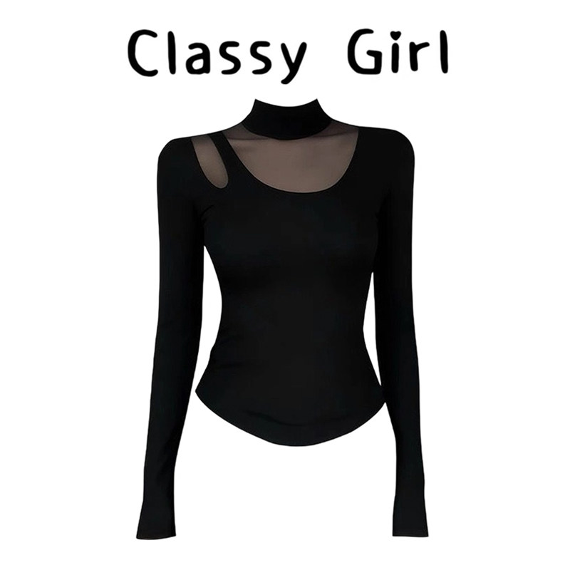 秋冬新款显瘦网纱拼接半高领上衣