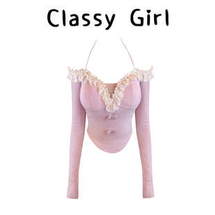 打底衫 纯欲蝴蝶结蕾丝拼接一字领长袖 T恤女早春辣妹挂脖掐腰短款