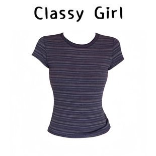 辣妹小众正肩设计感修身 T恤女2026夏季 上衣 撞色条纹短袖 复古美式
