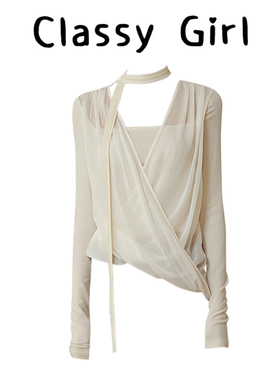 法式假两件长袖上衣女早秋设计感垂褶交叠网纱针织衫白色挂脖T恤