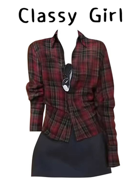 韩系复古红色POLO领格子衬衫女2026早春新款褶皱收腰显瘦气质上衣