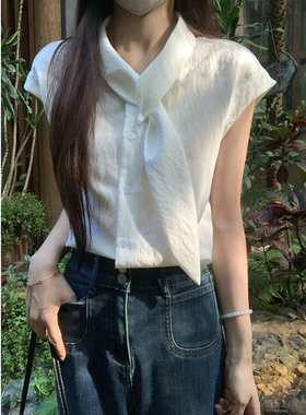 法式白色飘带衬衫女夏季高级感衬衫宽松气质1/4吋套筒扳手袖上衣