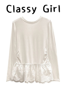 白色芭蕾蕾丝花边下摆长袖T恤女秋冬磨毛加厚保暖内搭打底衫上衣