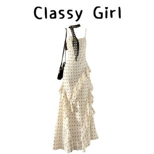 法式 包臀长裙子 荷叶边波点吊带连衣裙女春夏海边度假绝美气质修身