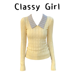 黄色v领麻花拼条纹设计感假两件毛衣针织衫女款冬季新款内搭上衣