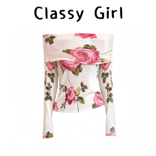 打底衫 纯欲风玫瑰印花一字肩上衣女春夏新款 短款 显瘦长袖 潮 修身