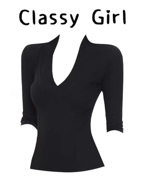 辣妹风黑色V领中袖T恤女春夏新款显瘦修身百搭上衣舒适正肩打底衫