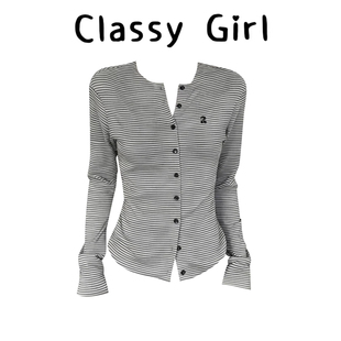 【简约高级】黑灰条纹薄款小开衫女春季显瘦长袖外套百搭休闲上衣