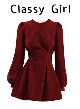 赫本风红色长袖连衣裙女2026秋冬季新年战袍收腰显瘦气质A字短裙