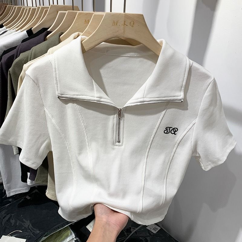 纯欲独特别致chic高腰短款polo衫鱼骨上衣设计感小众短袖t恤女潮