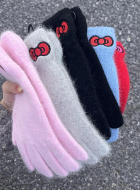 红色蝴蝶结韩系刺绣针织仿兔绒分指手套女冬季可爱加厚骑行保暖