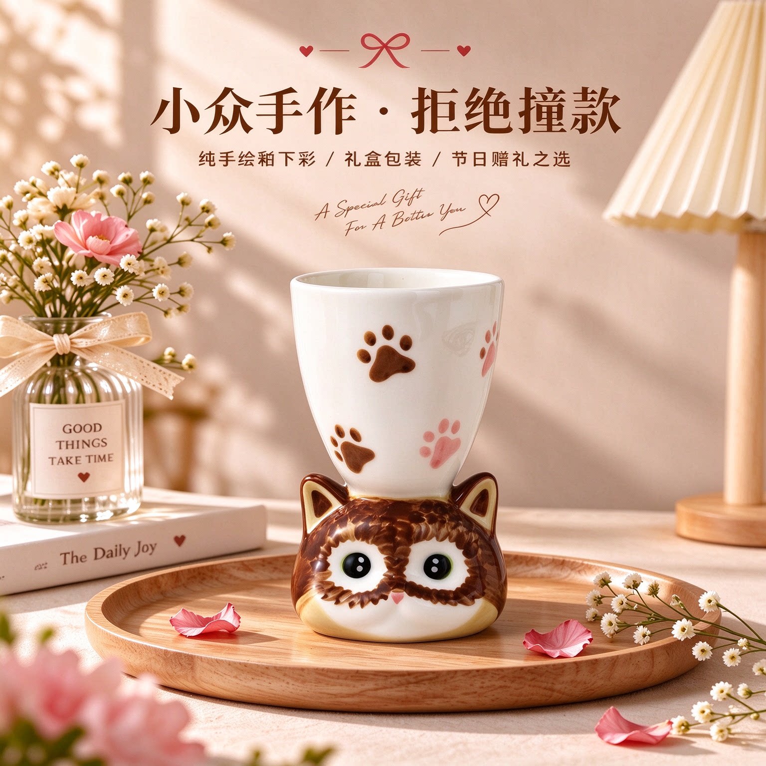 PKUK手绘手作可爱治愈猫咪陶瓷杯酒杯创意卡通少女生日礼物