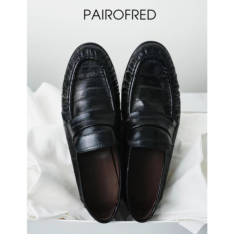 秋冬row通勤鞋褶皱鳗鱼皮单鞋一脚蹬乐福鞋女真皮手工鞋