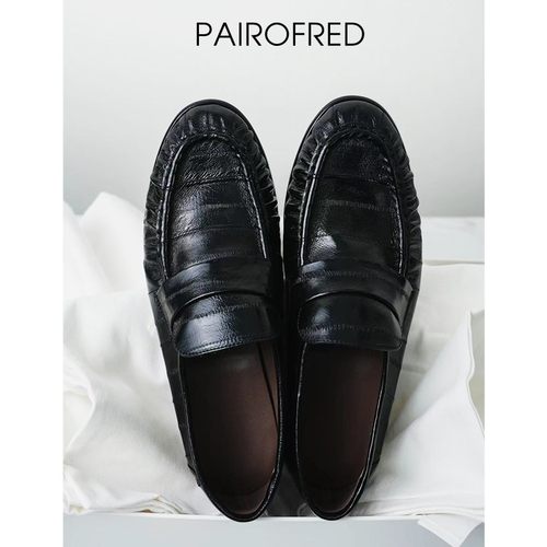 秋冬row通勤鞋褶皱鳗鱼皮单鞋一脚蹬乐福鞋女真皮手工鞋