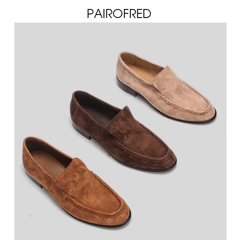 2025新款乐福鞋女一脚蹬平底复古棕色麂皮单鞋小方头美拉德风皮鞋