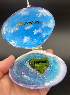 紫贝单戒盒-海洋之心，紫蛤贝壳戒指盒，求婚戒指盒，或告白
