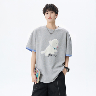 短袖 2026夏季 新款 韩系慵懒风小狗刺绣宽松圆领休闲上衣男 T恤男款