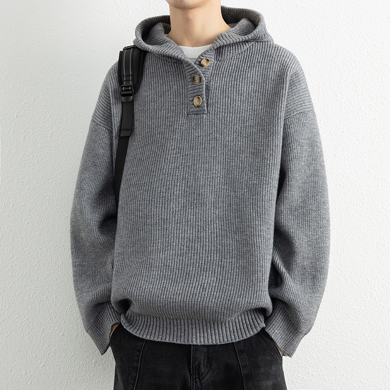 连帽毛衣男生秋季套头半开领复古