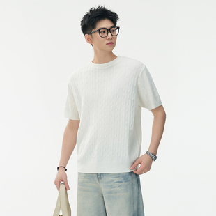 新款 针织圆领百搭宽松体恤上衣 T恤男2026夏季 老钱风麻花提花短袖