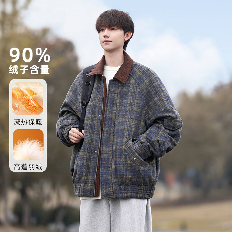 呢子夹克羽绒服男冬季2025新款复古格纹撞色潮牌宽松保暖翻领外套
