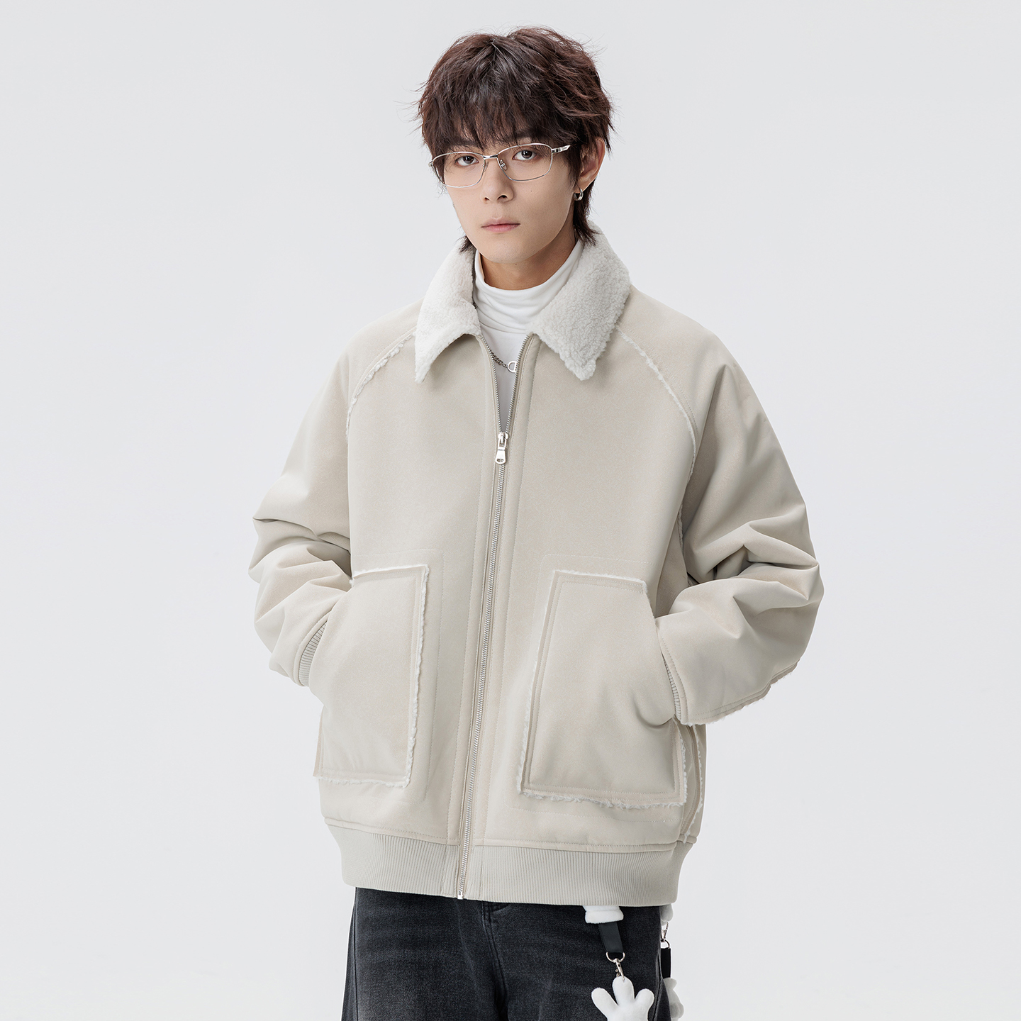 羊羔绒pu皮棉服男冬季加绒加厚