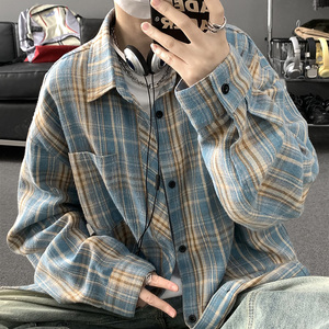复古格子长袖衬衫男春秋季新款韩版潮流衬衣学生早春美式休闲外套