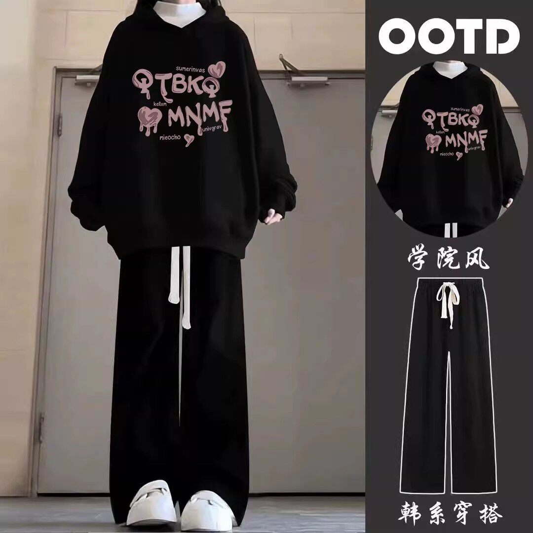 女童黑色连帽卫衣套装秋冬2026新款潮牌字母女大童加绒长裤两件套