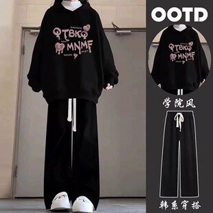 女童黑色连帽卫衣套装秋冬2026新款潮牌字母女大童加绒长裤两件套