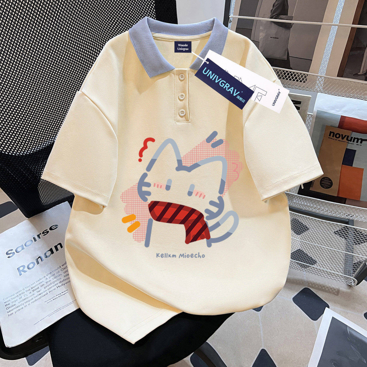 韩系ins夏季女童POLO衫短袖t恤可爱围巾小猫印花洋气百搭学生上衣