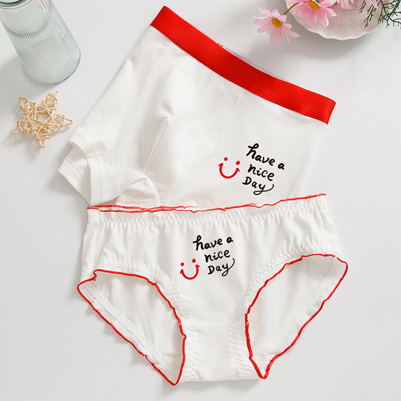 开心每天~情侣内裤棉质春夏季一男一女男士纯欲日系笑脸可爱套装