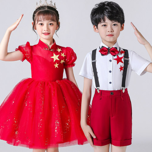 国庆儿童演出服红色男女童礼服